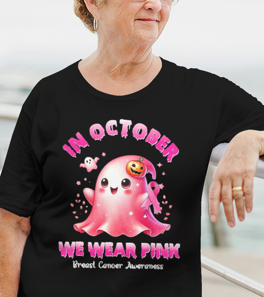 In October We Wear Pink Ghost Pumpkin Ribbon Breast Cancer Awareness T-Shirt