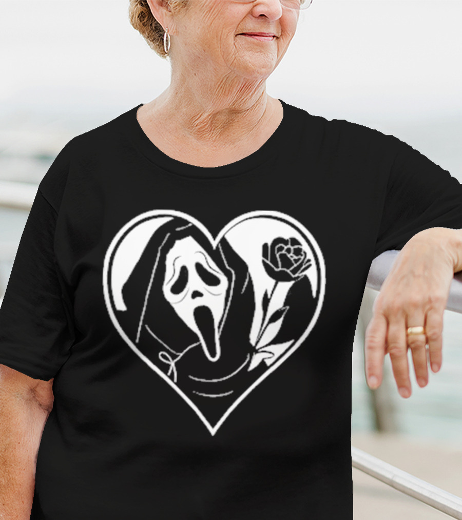 Badassmommy Ghostface Scream Skeleton With Rose In Heart T-Shirt
