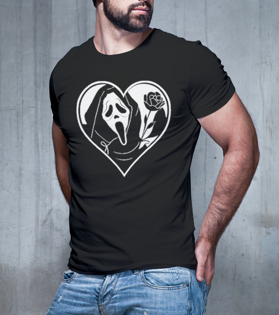 Badassmommy Ghostface Scream Skeleton With Rose In Heart T-Shirt