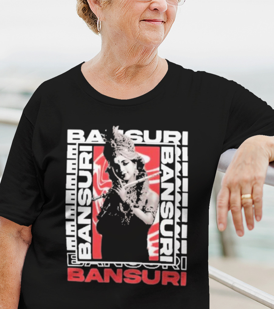 Bansuri Beautiful Girl With Flute Elegantly Framed In Red And White T-Shirt