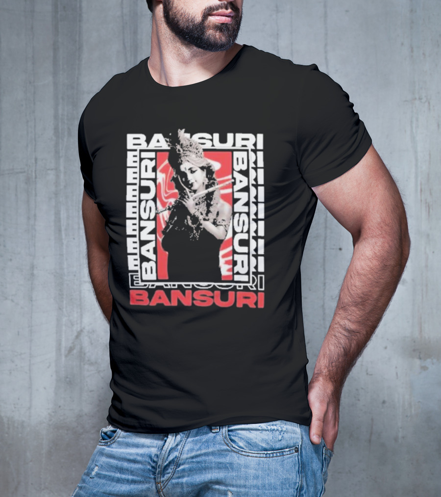 Bansuri Beautiful Girl With Flute Elegantly Framed In Red And White T-Shirt