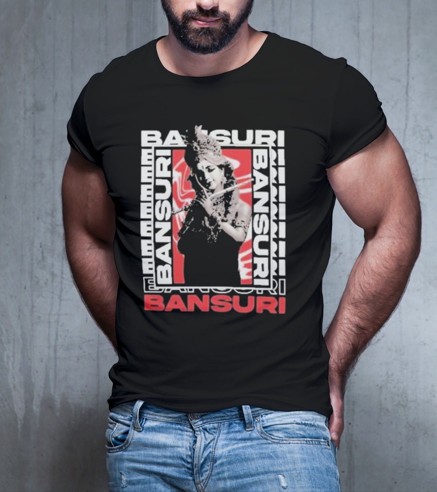 Bansuri Beautiful Girl With Flute Elegantly Framed In Red And White T-Shirt