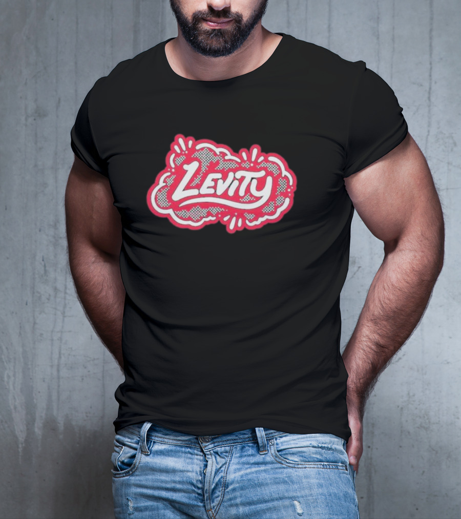 Levity Music Store Red And White Comic-Style Text On Black Cloud Background T-Shirt