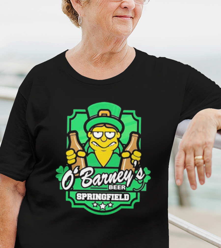 O’Barney’s Beer Springfield Leprechaun Holding Bottles Shamrock Badge T-Shirt