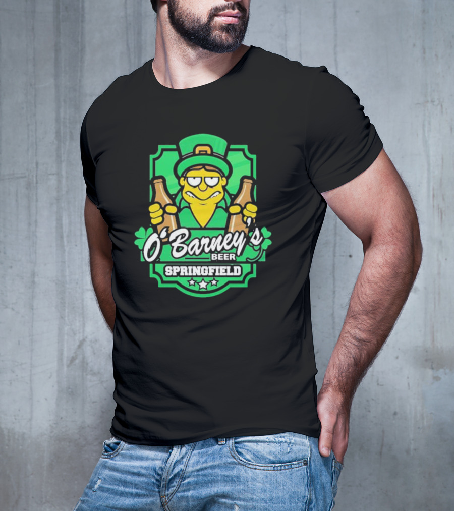 O’Barney’s Beer Springfield Leprechaun Holding Bottles Shamrock Badge T-Shirt