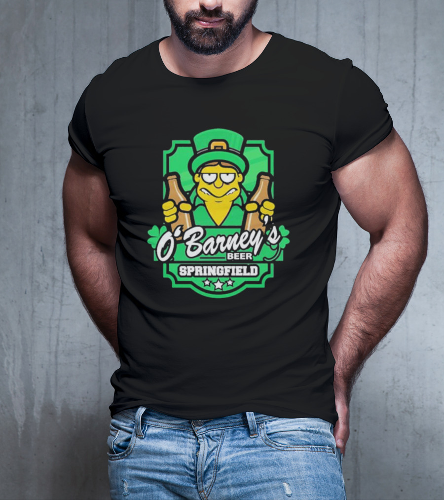O’Barney’s Beer Springfield Leprechaun Holding Bottles Shamrock Badge T-Shirt