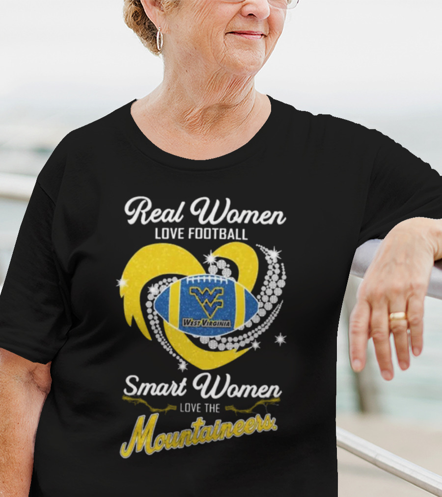 Real Women Love Football Smart Women Love West Virginia Mountaineers Diamond Heart Football T-Shirt