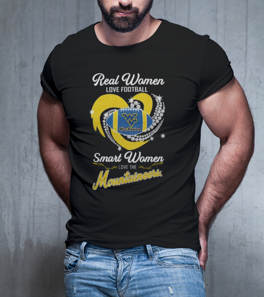 Real Women Love Football Smart Women Love West Virginia Mountaineers Diamond Heart Football T-Shirt