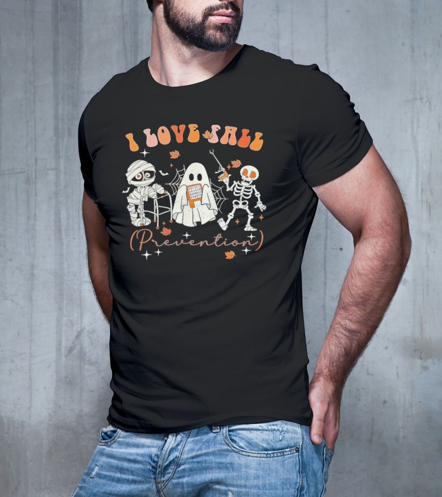 I Love Fall Prevention Groovy Retro Skeleton Mummy Physical Therapy T-Shirt