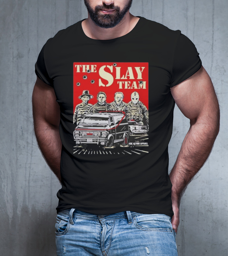 The Slay Team Horror Movies Characters Side Action T-Shirt