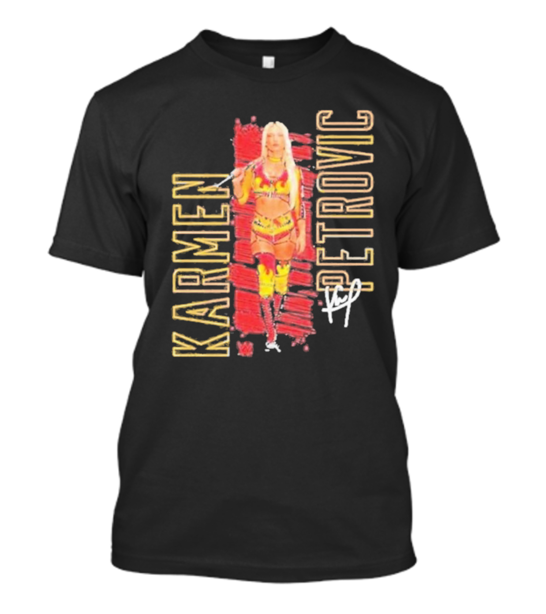 Karmen Petrovic Vertical Signature With Bold Red And Yellow Athlete T-Shirt