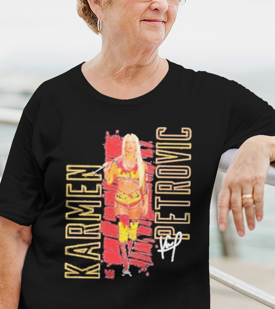 Karmen Petrovic Vertical Signature With Bold Red And Yellow Athlete T-Shirt