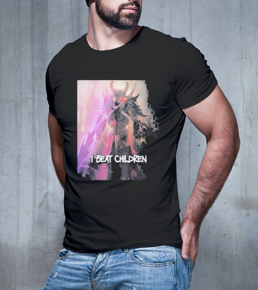 Kassadin I Beat Children Text Featuring Dark Mysterious Armored Character With Glowing Accents T-Shirt