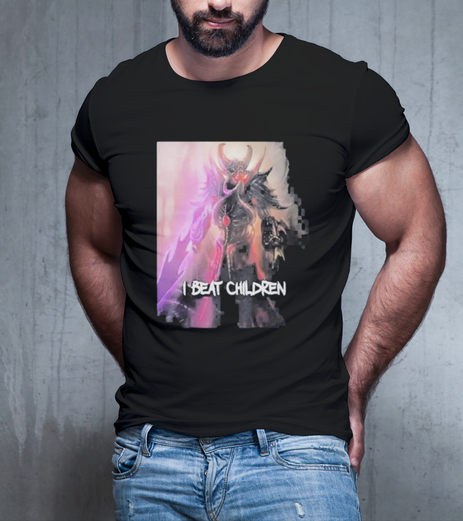 Kassadin I Beat Children Text Featuring Dark Mysterious Armored Character With Glowing Accents T-Shirt