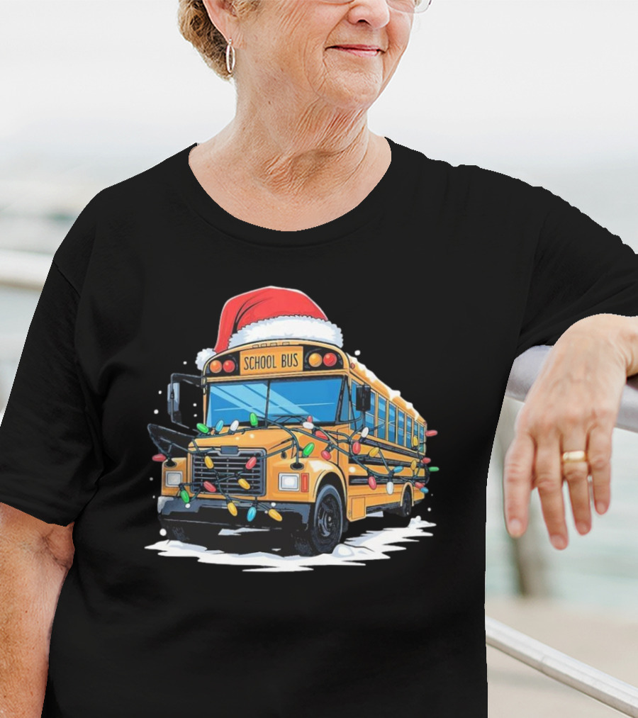 School Bus With Christmas Lights And Santa Hat Holiday Xmas T-Shirt