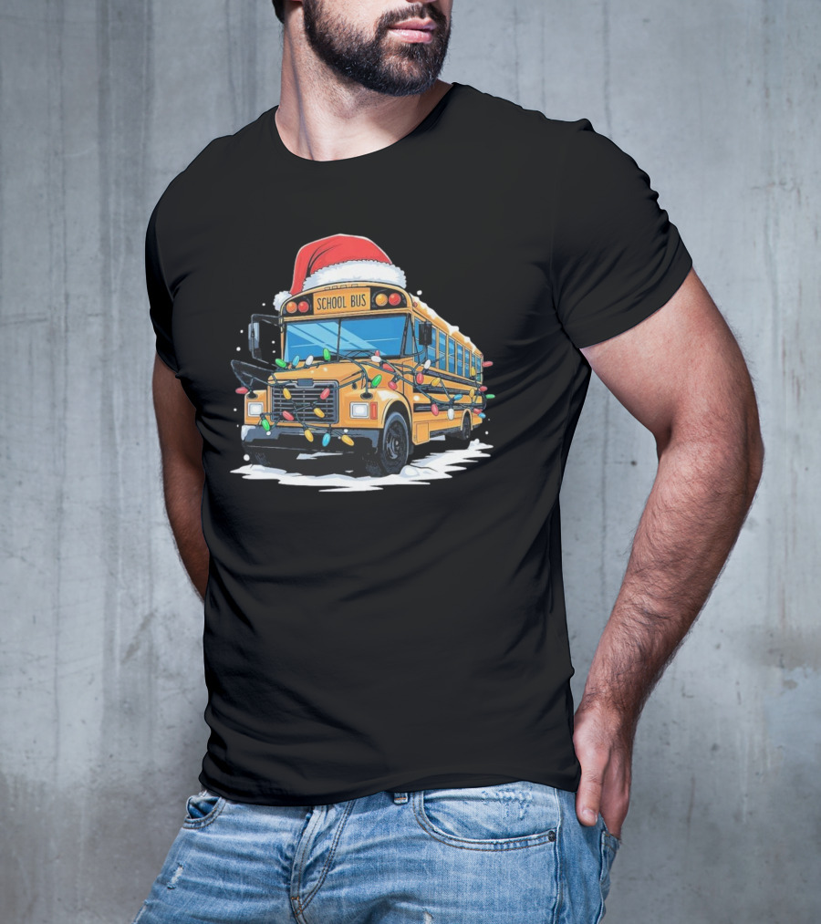 School Bus With Christmas Lights And Santa Hat Holiday Xmas T-Shirt