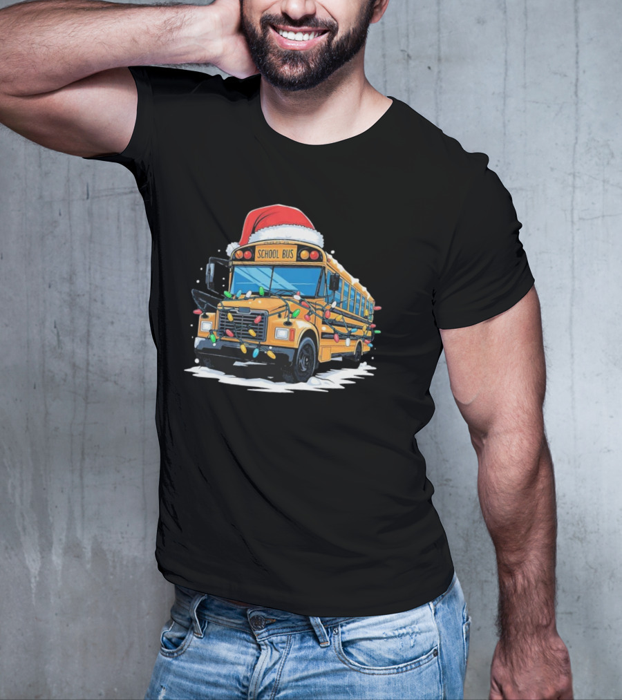School Bus With Christmas Lights And Santa Hat Holiday Xmas T-Shirt