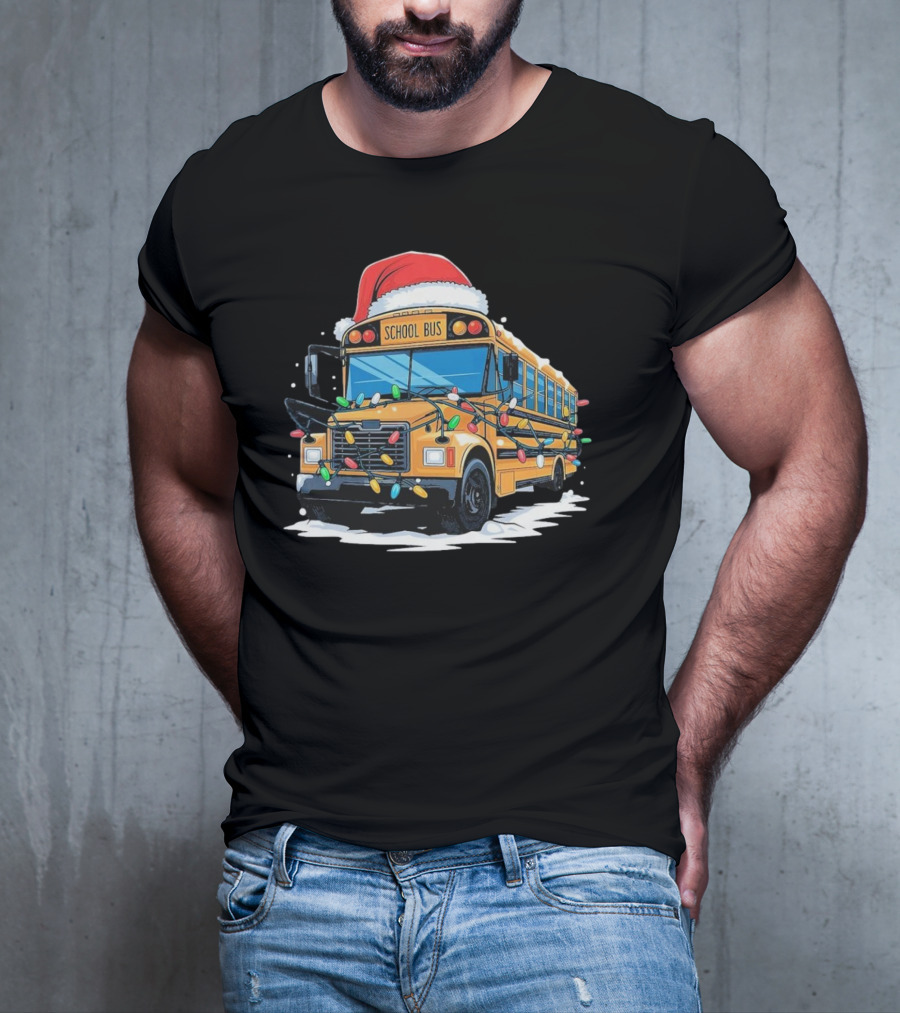 School Bus With Christmas Lights And Santa Hat Holiday Xmas T-Shirt