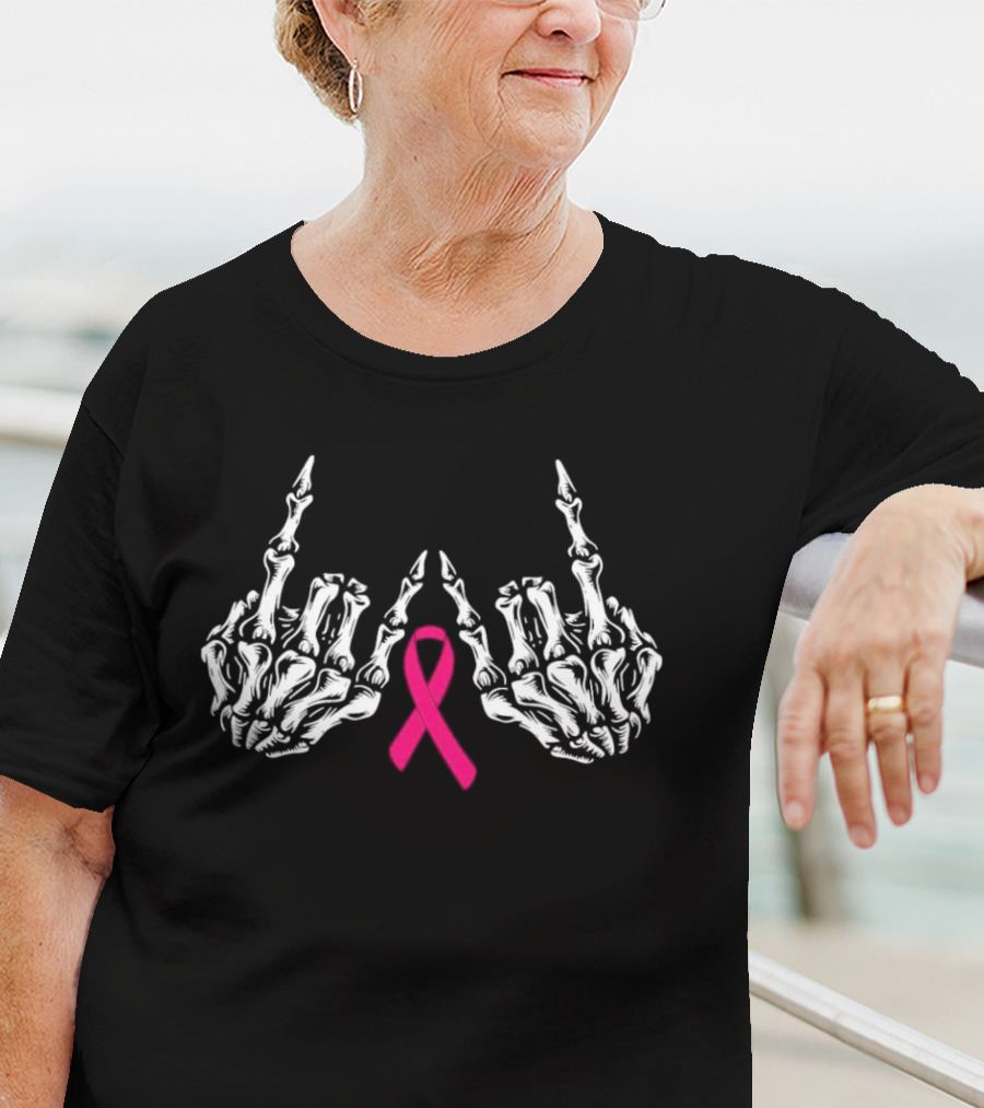 Skeleton Rock Hand Breast Cancer Awareness Pink T-Shirt