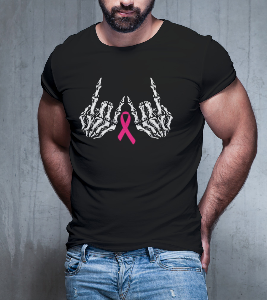 Skeleton Rock Hand Breast Cancer Awareness Pink T-Shirt