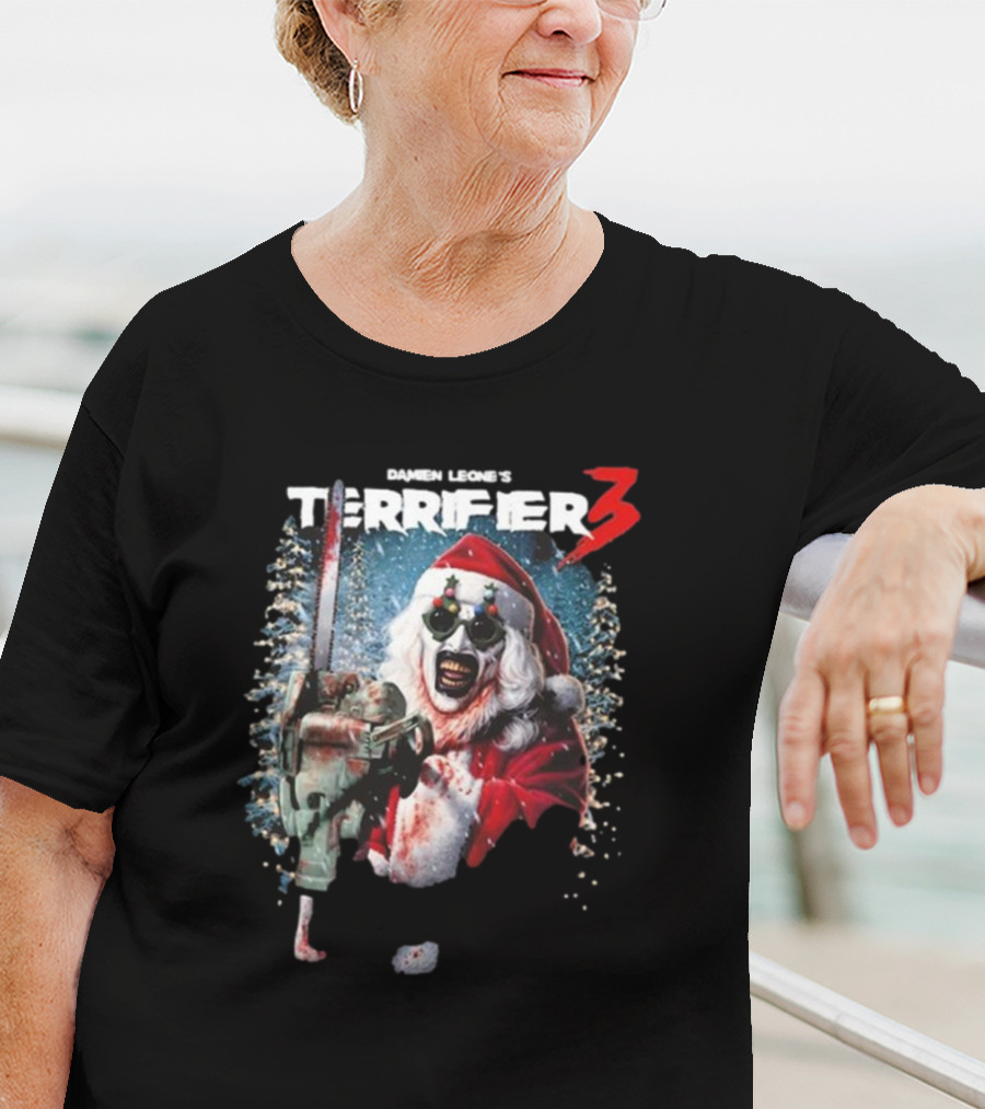 Damien Leone's Terrifier 3 Merry Mayhem Santa With Chainsaw T-Shirt