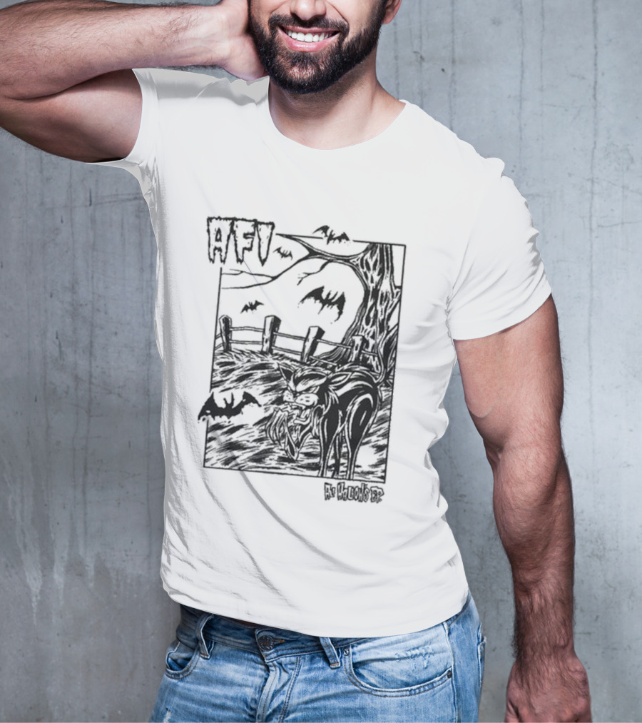 AFI All Hallow's Eve Bats And Black Cat In Haunted Scene T-Shirt