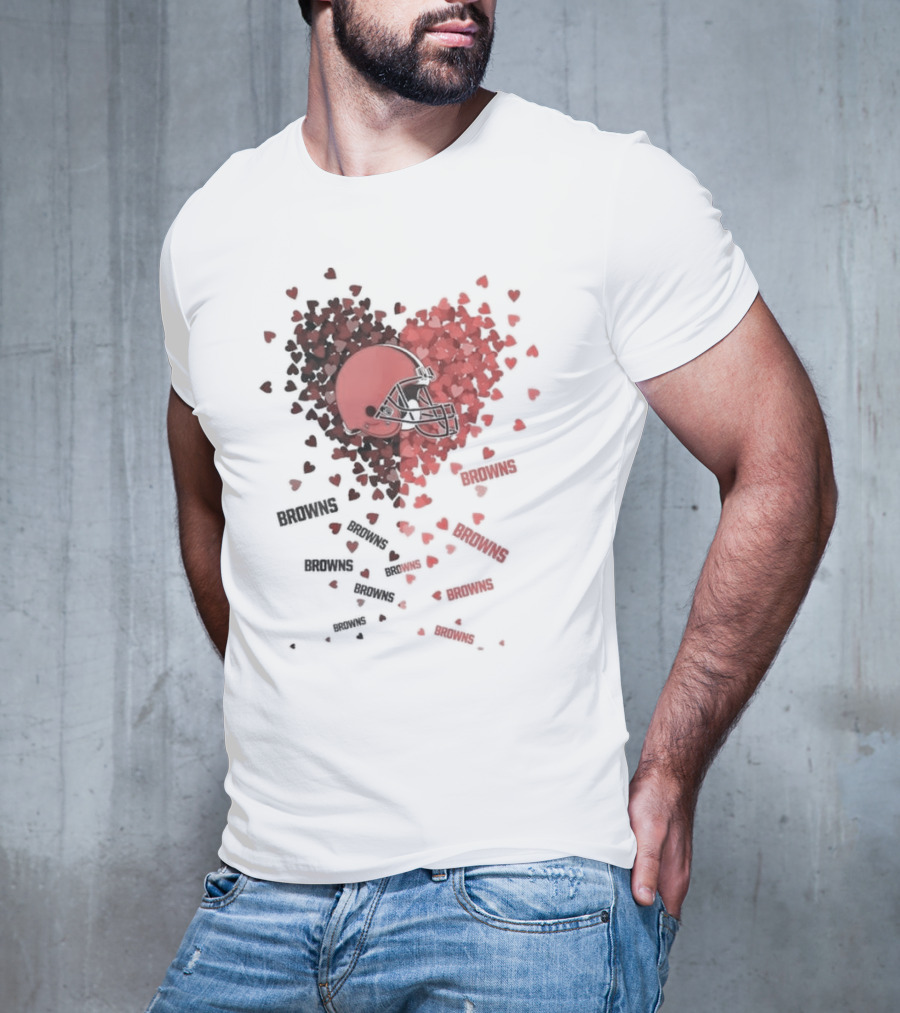 Cleveland Browns Helmet Heart Design With Red Hearts And Browns Text T-Shirt