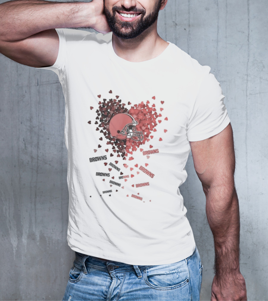 Cleveland Browns Helmet Heart Design With Red Hearts And Browns Text T-Shirt