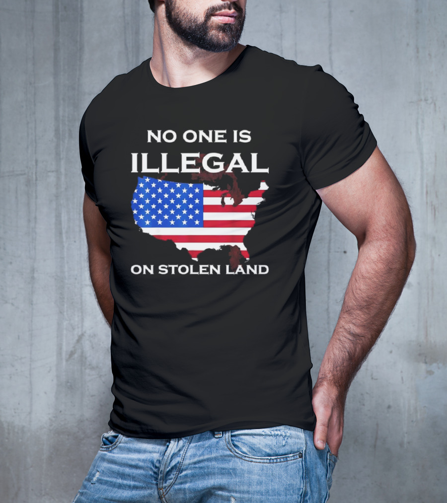 No One Is Illegal On Stolen Land America With United States Flag Map T-Shirt