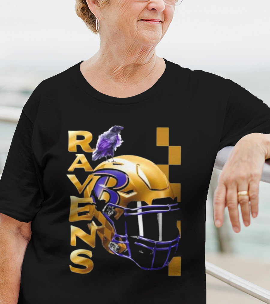 Ravens Gold Helmet With Purple B And Crow T-Shirt