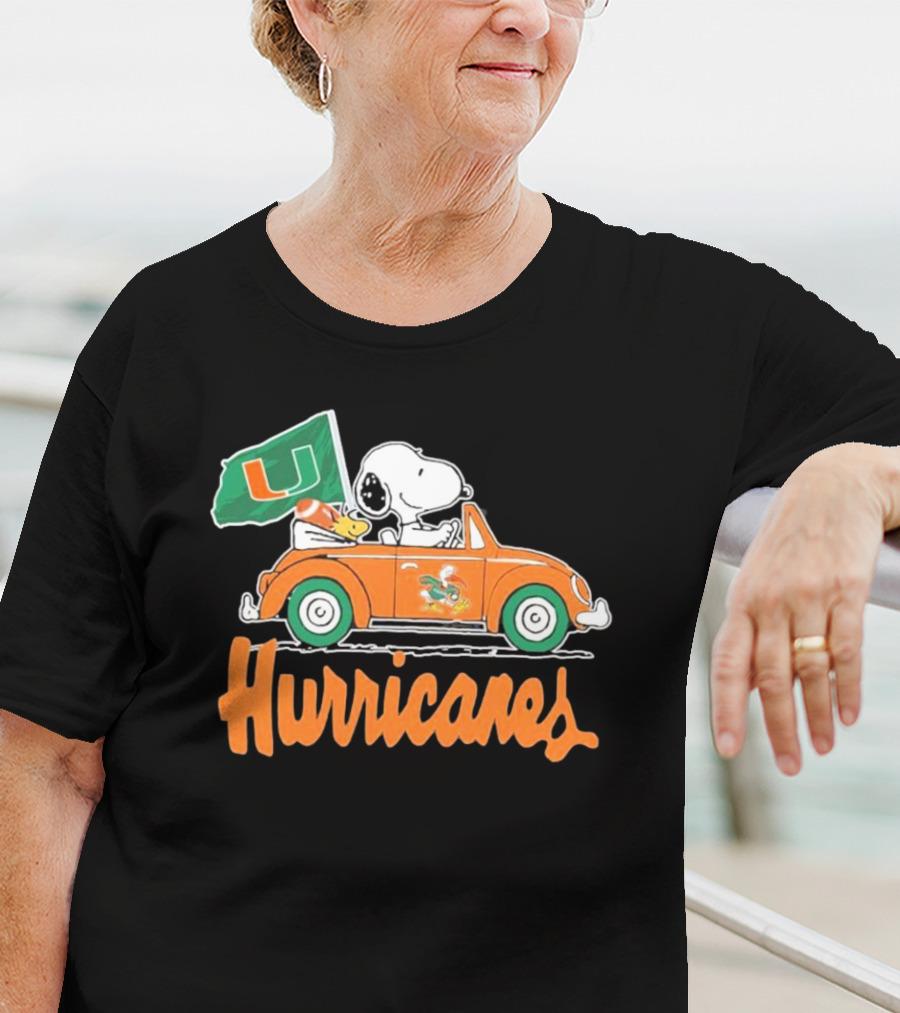 Peanuts Snoopy Woodstock Miami Hurricanes Car Driving With Flag T-Shirt