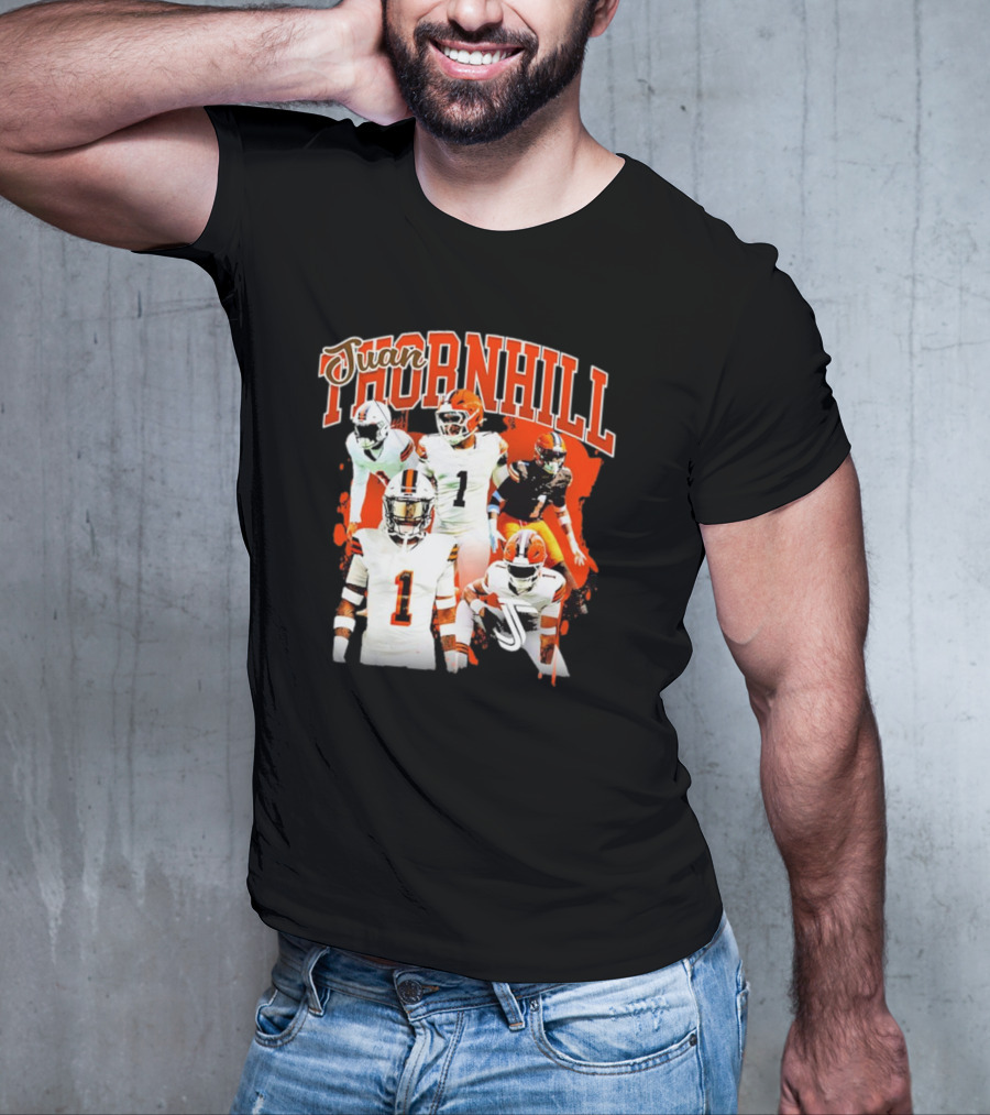 Juan Thornhill Football Player Orange And Black Action Collage T-Shirt
