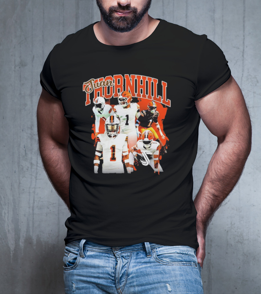 Juan Thornhill Football Player Orange And Black Action Collage T-Shirt