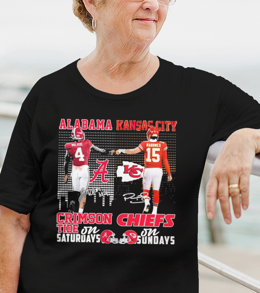 Alabama Crimson Tide Jalen Milroe Saturdays X Kansas City Chiefs Patrick Mahomes Sundays T-Shirt