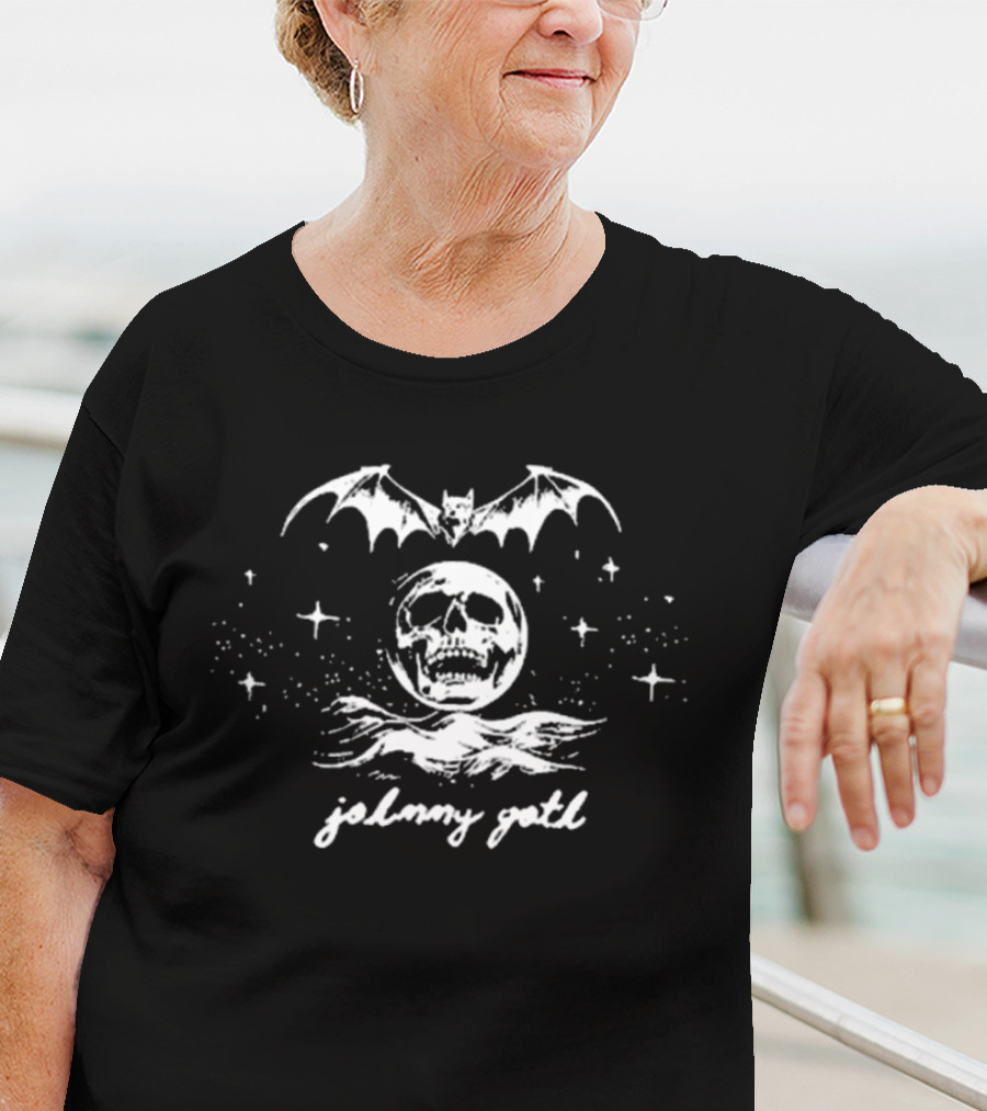 Johnny Goth Skull Moon Bat Stars White T-Shirt