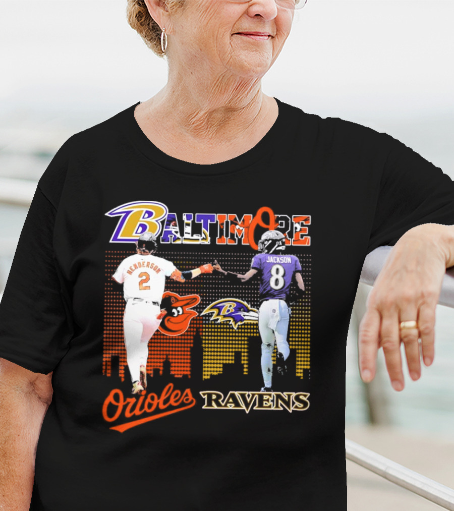 Baltimore Orioles Gunnar Henderson Baltimore Ravens Lamar Jackson City Skyline T-Shirt