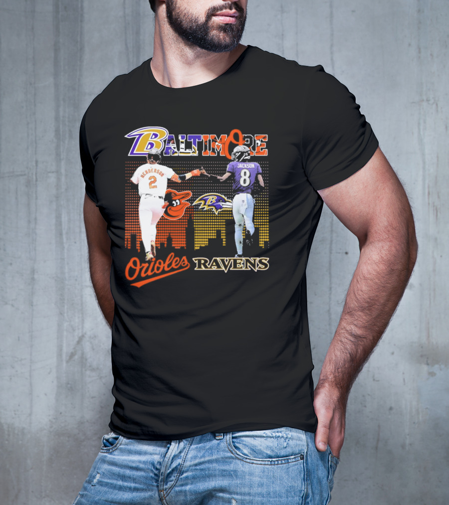 Baltimore Orioles Gunnar Henderson Baltimore Ravens Lamar Jackson City Skyline T-Shirt