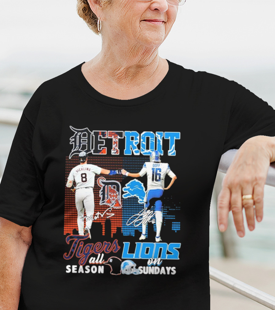 Detroit Tigers All Season X Detroit Lions On Sundays Detroit Tigers Lions Logos Sports Icons Collaboration T-Shirt