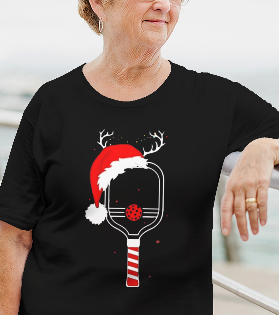 Pickleball Holiday Reindeer Santa Hat Christmas Paddle T-Shirt