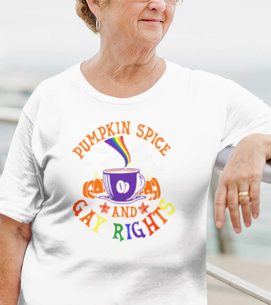 Pumpkin Spice And Gay Rights Rainbow Coffee Cup With Pumpkins And Bats T-Shirt