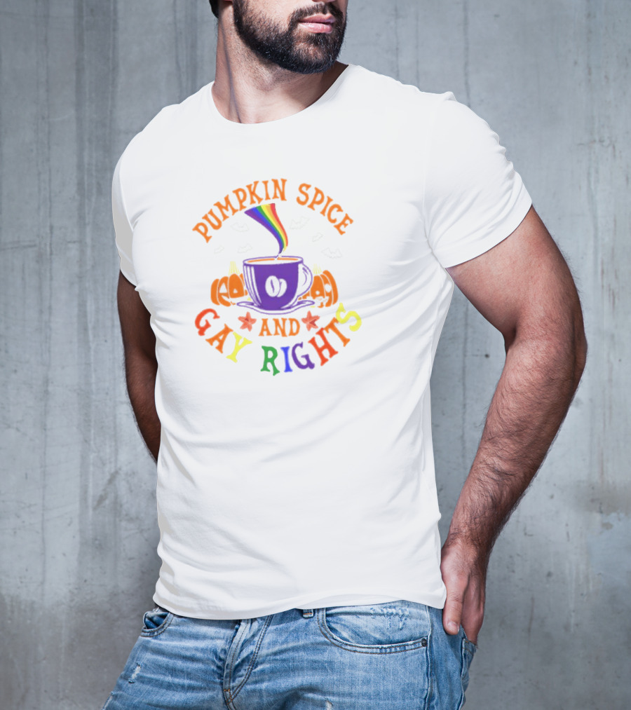 Pumpkin Spice And Gay Rights Rainbow Coffee Cup With Pumpkins And Bats T-Shirt