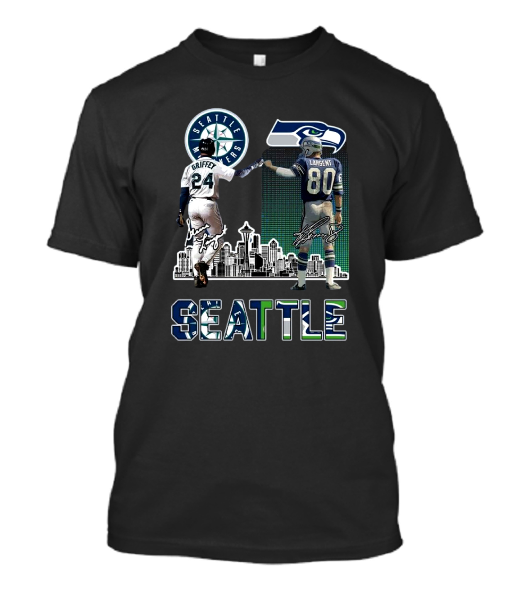 Seattle Mariners Griffey Seahawks Largent City Skyline Signatures T-Shirt