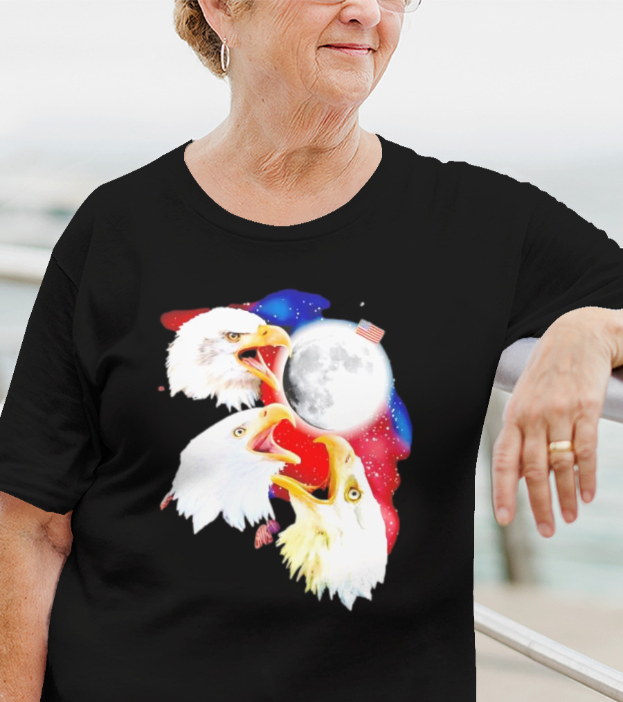 Three Eagles To The Moon American Flag Lunar Trio T-Shirt