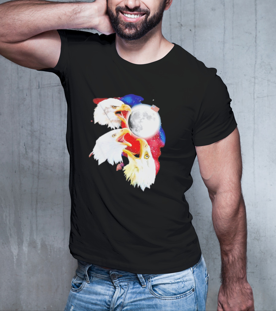 Three Eagles To The Moon American Flag Lunar Trio T-Shirt