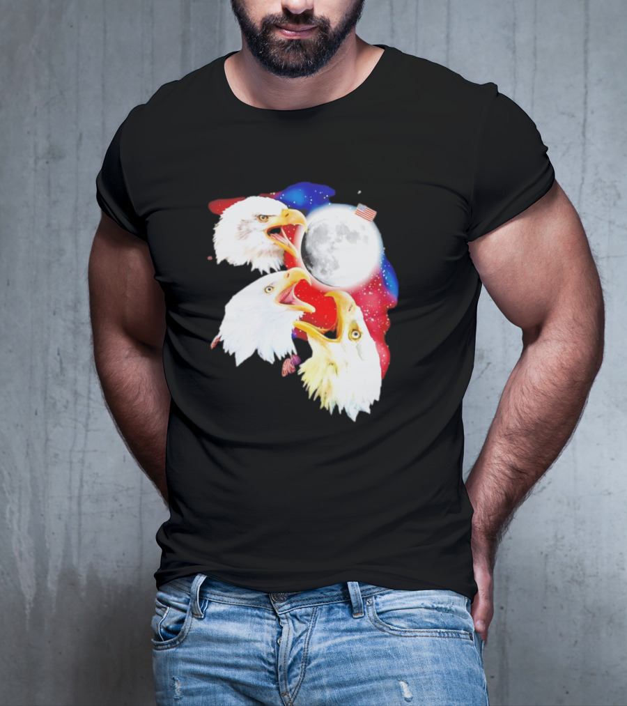 Three Eagles To The Moon American Flag Lunar Trio T-Shirt