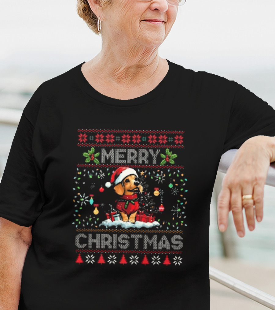 Merry Christmas Dachshund With Santa Hat And Holiday Lights Decorations Dog Lover Xmas T-Shirt