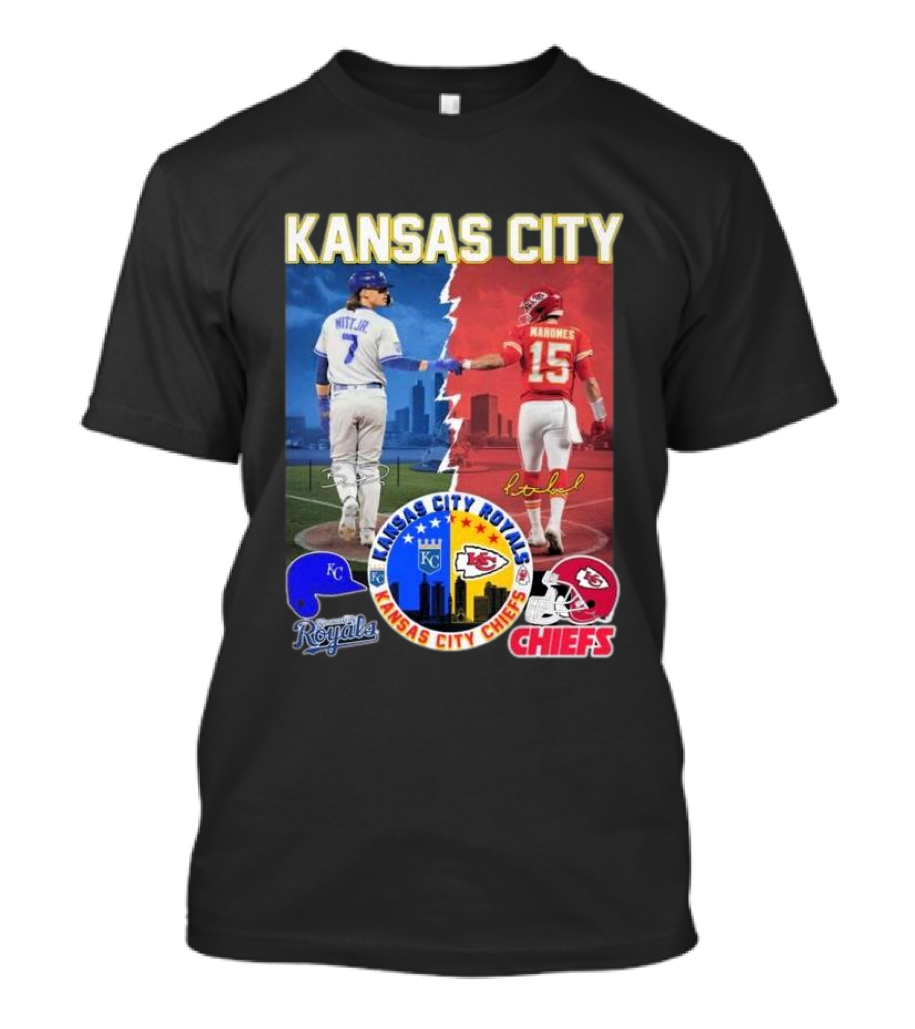 Kansas City Royals Bobby Witt Jr And Chiefs Patrick Mahomes Skyline Logos And Signatures T-Shirt