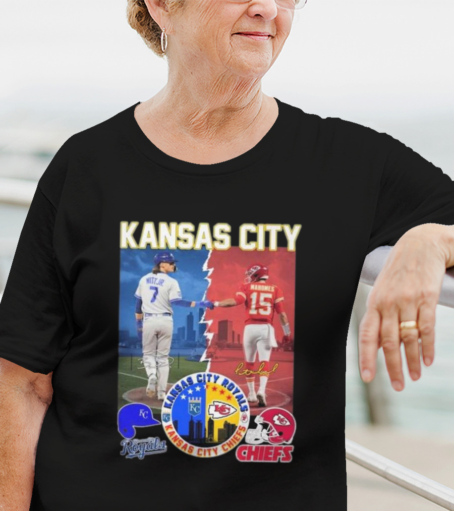 Kansas City Royals Bobby Witt Jr And Chiefs Patrick Mahomes Skyline Logos And Signatures T-Shirt