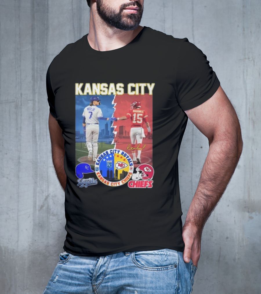 Kansas City Royals Bobby Witt Jr And Chiefs Patrick Mahomes Skyline Logos And Signatures T-Shirt