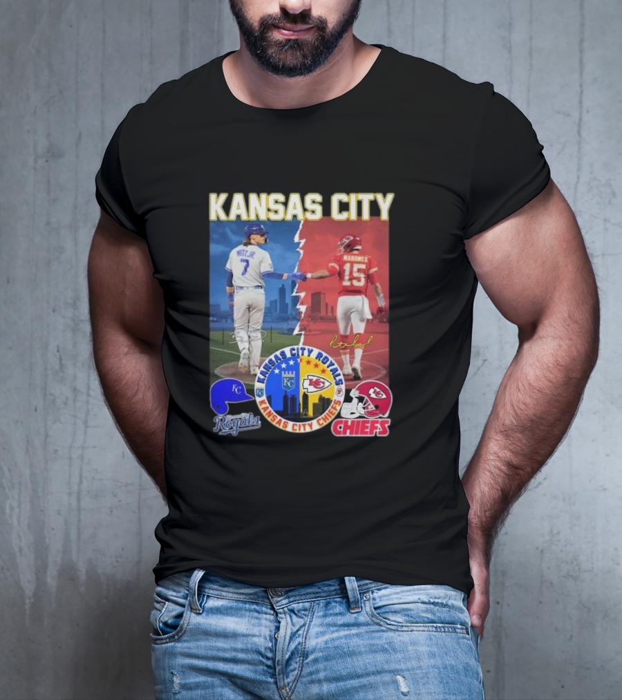 Kansas City Royals Bobby Witt Jr And Chiefs Patrick Mahomes Skyline Logos And Signatures T-Shirt
